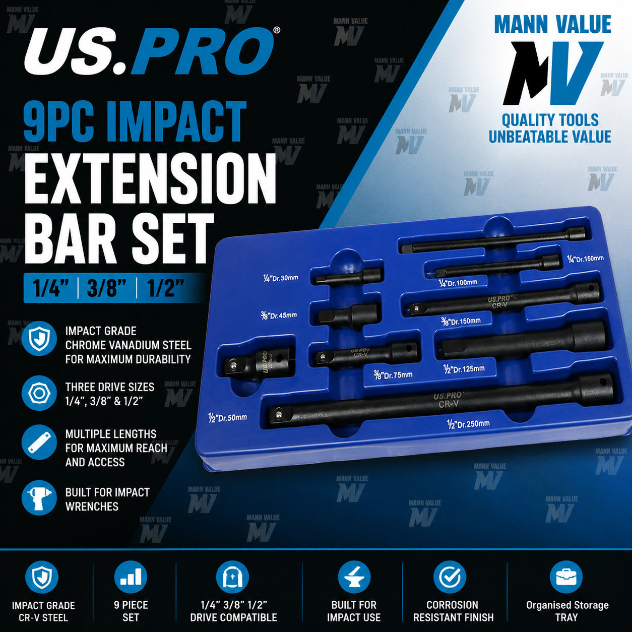 US Pro Tools 14pc 1/2" DR Ribe Socket Bit Set