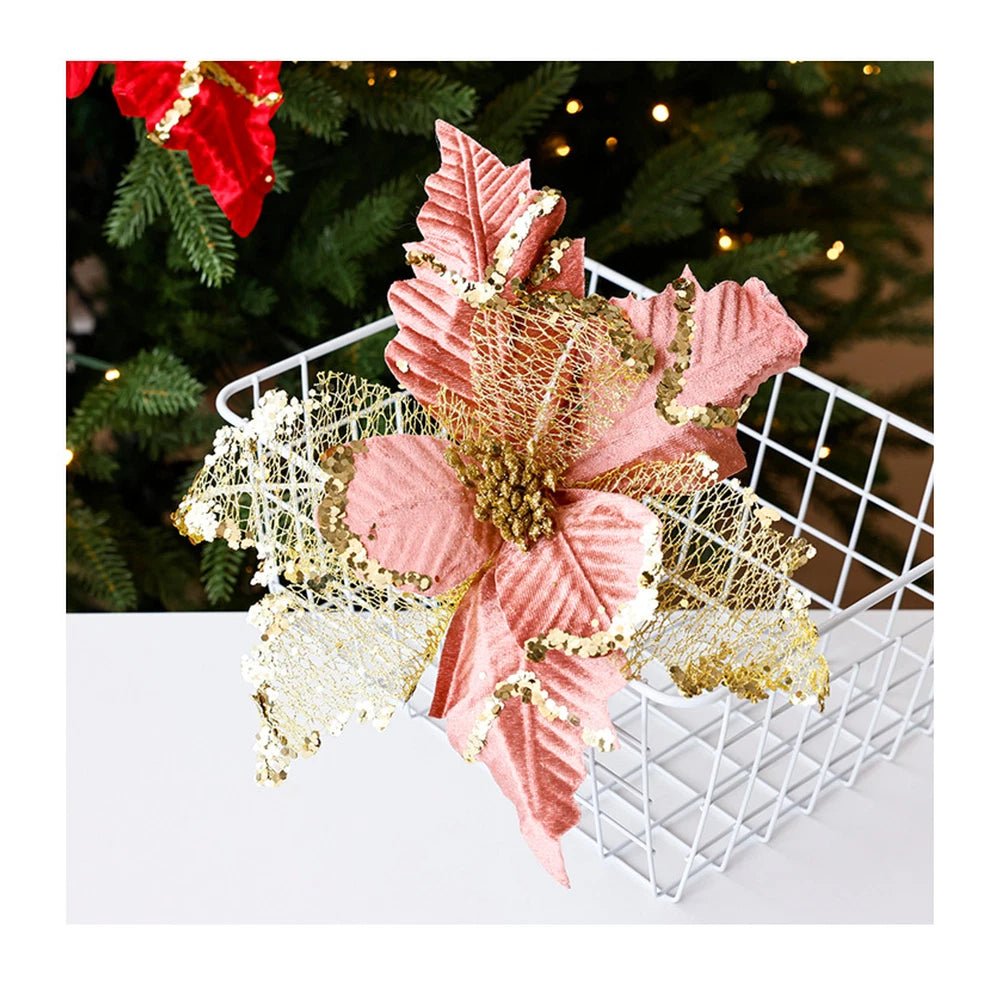 Festive Velvet Christmas Flowers With Glitter Christmas Tree