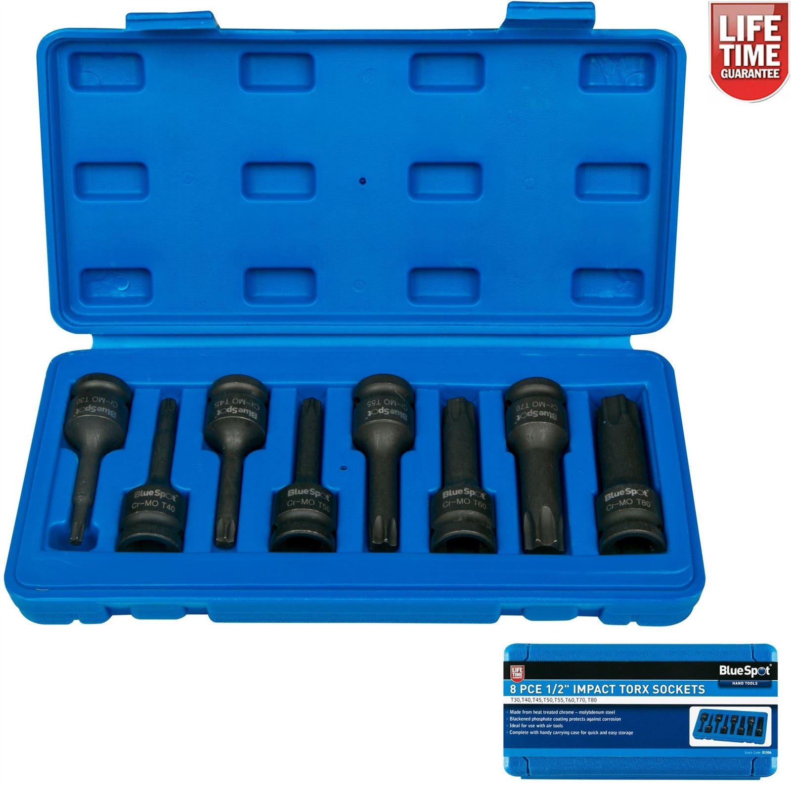 BlueSpot 8pc Impact Torx Bit 1/2" Drive Socket Set - T30 to T80 by BlueSpot