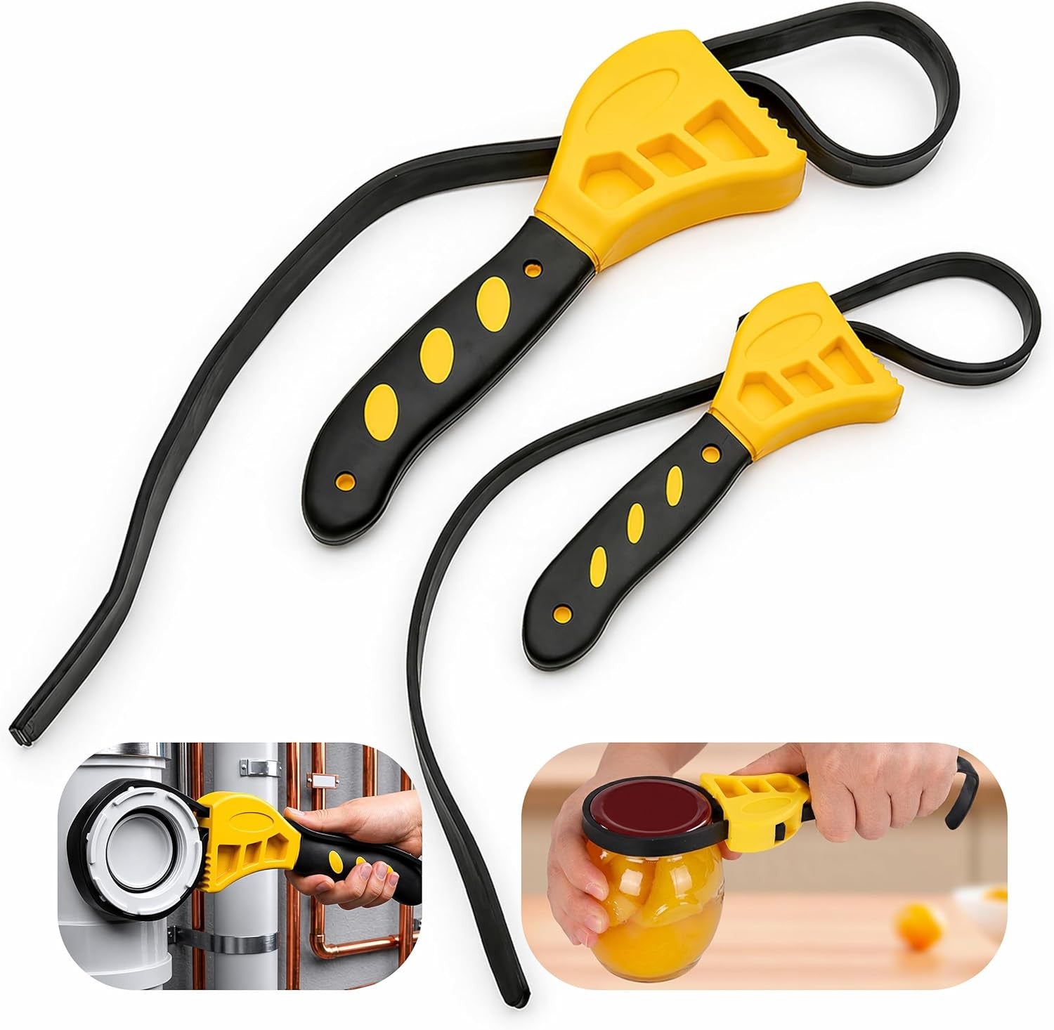 2-Pack Adjustable Rubber Strap Wrench Set, Heavy-Duty Oil Filter