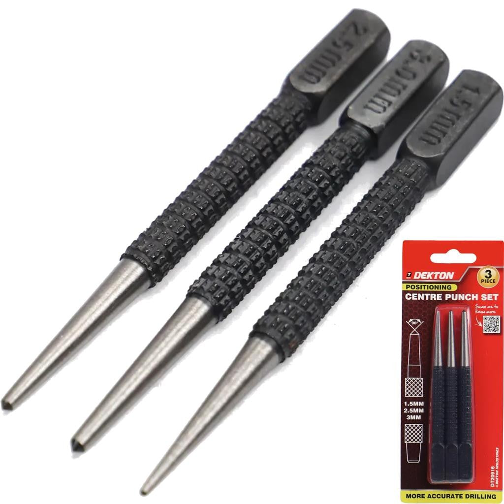 Dekton 3pc Centre Punch Set - Alloy Steel 1.5mm/2mm/3mm by Dekton