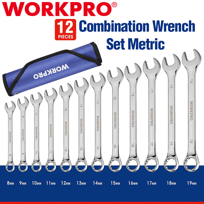 WORKPRO 12PCS Premium Combination Wrench Set 8-19mm Metric 12PT Wrench