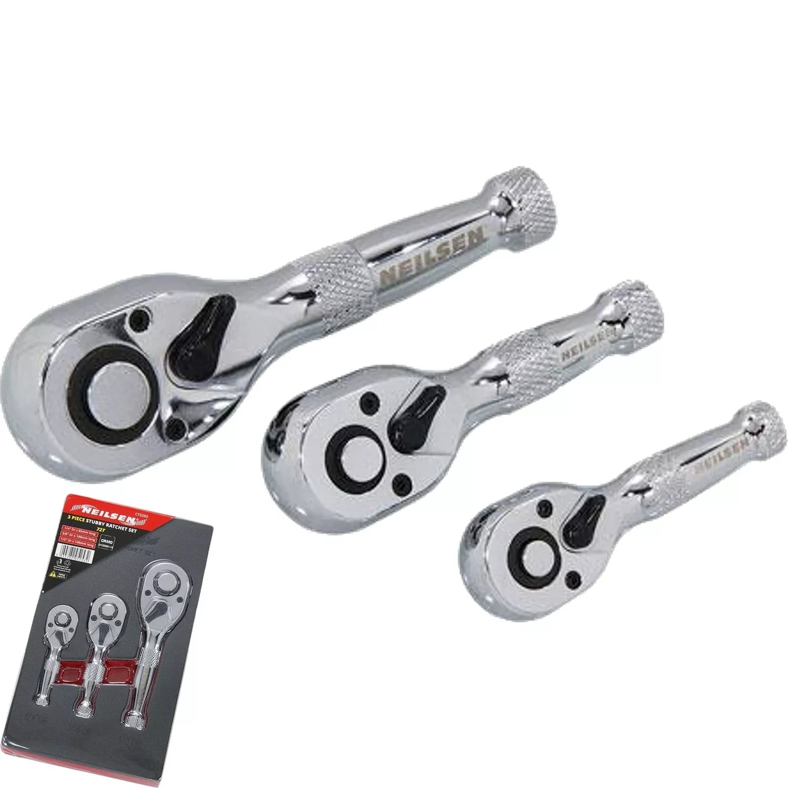 Neilsen Stubby Socket Ratchet Handle Set 1/4" 3/8" 1/2" 72T