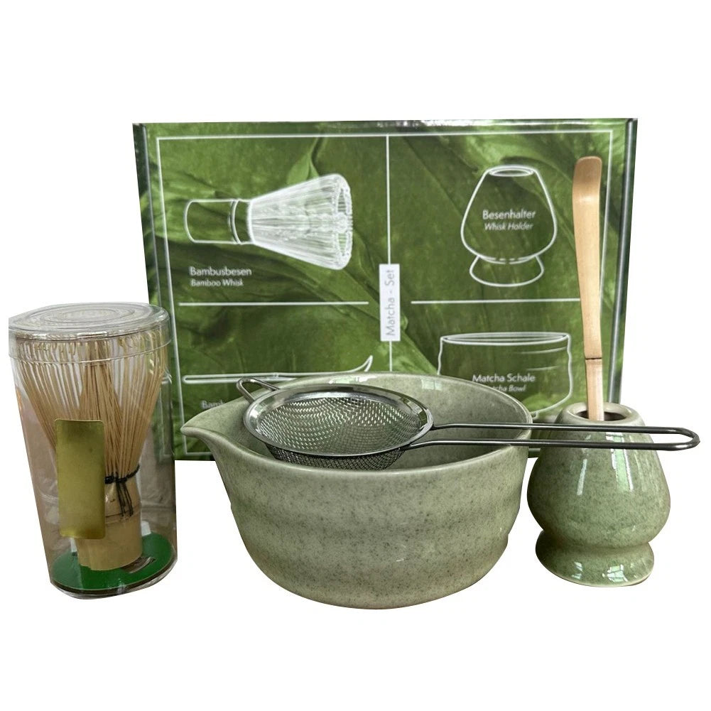 Complete Green Matcha Set Five Pieces Bowl Whisk Scoop Sifter And