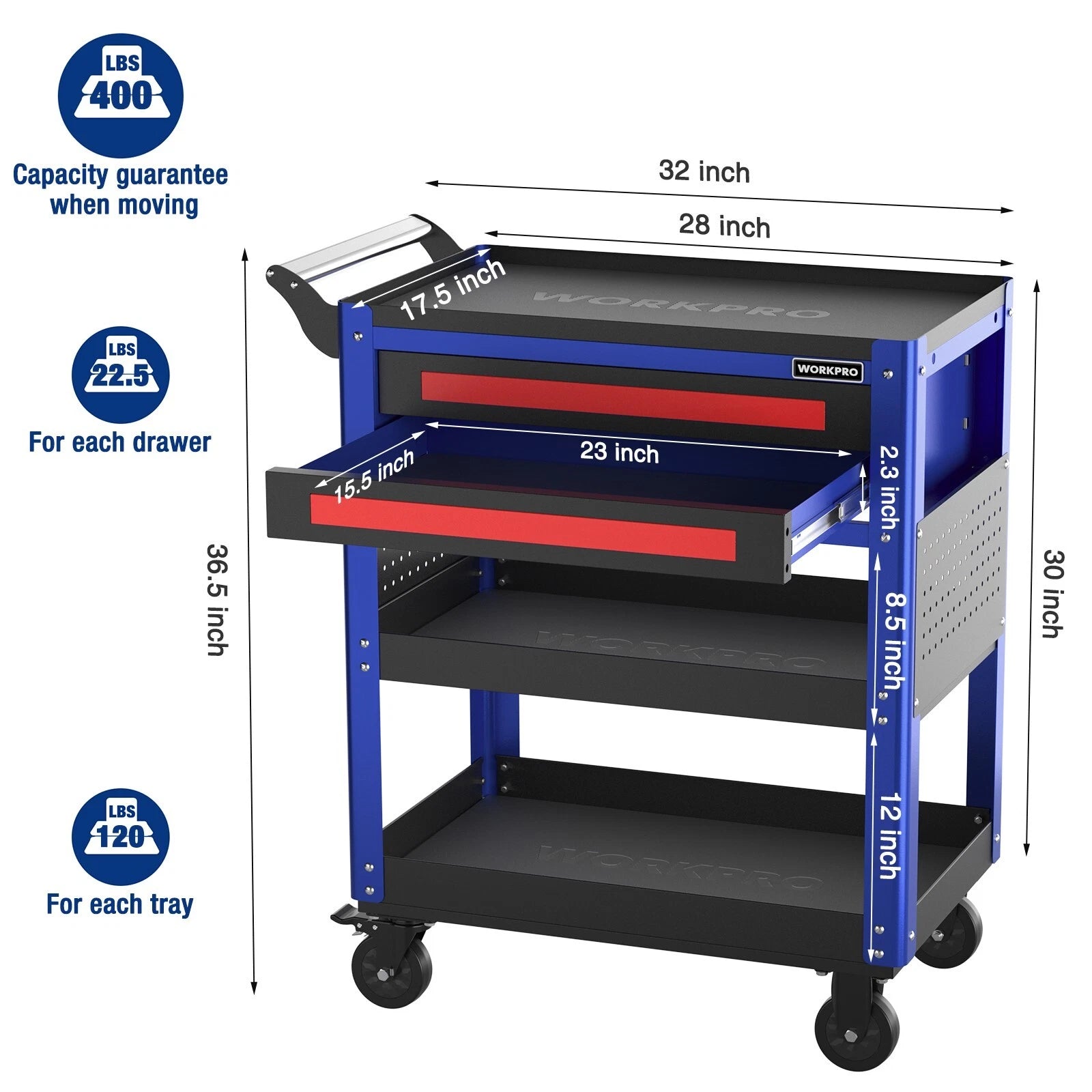 Workpro Premium 28" 2-drawer Rolling Tool Cart, Heavy Duty 400 Lbs