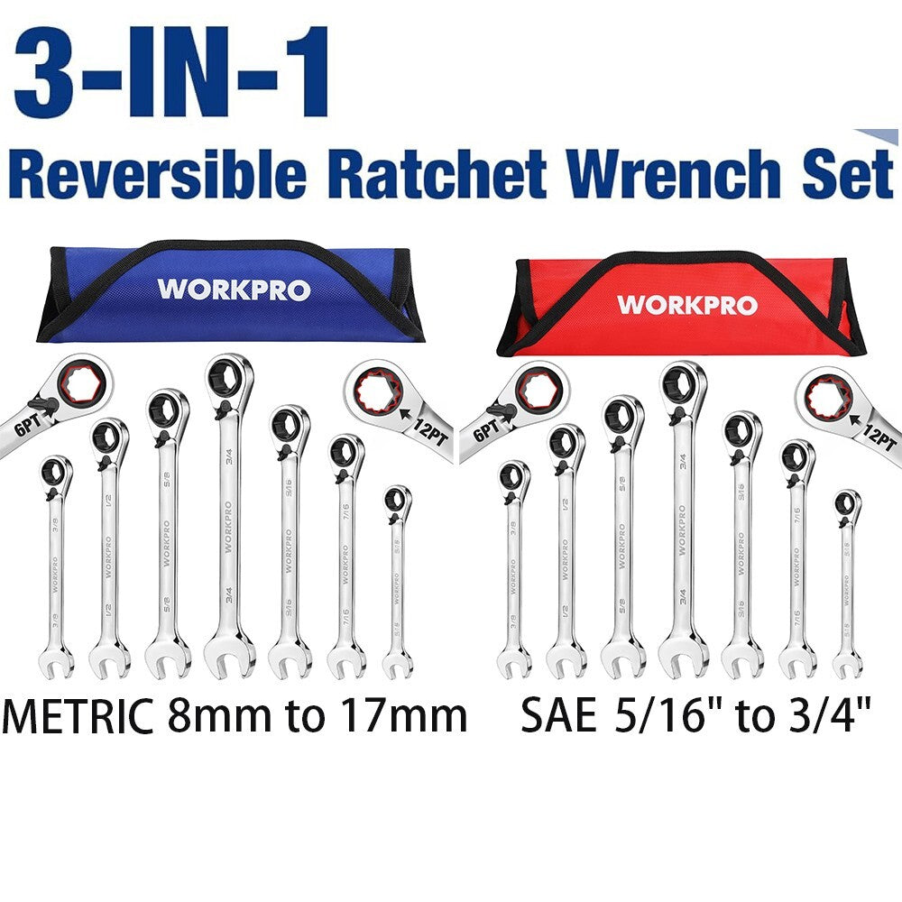 WORKPRO 7-Piece 3-in-1 Reversible Ratchet Wrench Set Metric/SAE by WORKPRO