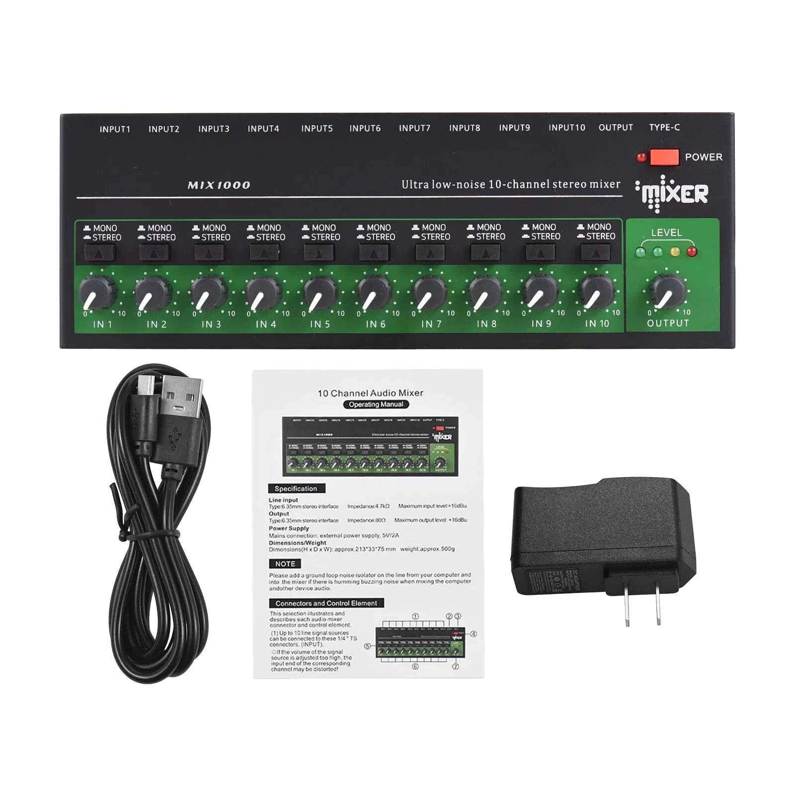 New 10 Channel Stereo Mono Audio Mixer 6.35mm Input Output Trs/ts