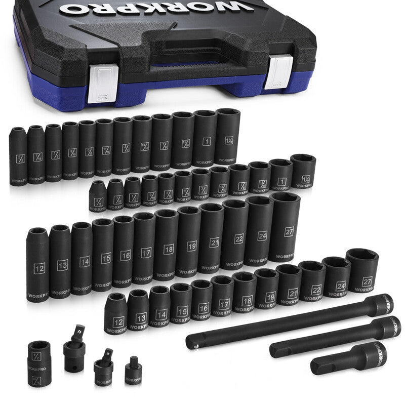 WORKPRO 55PC 1/2" Drive Deep Shallow Impact Socket Set SAE Metric 6