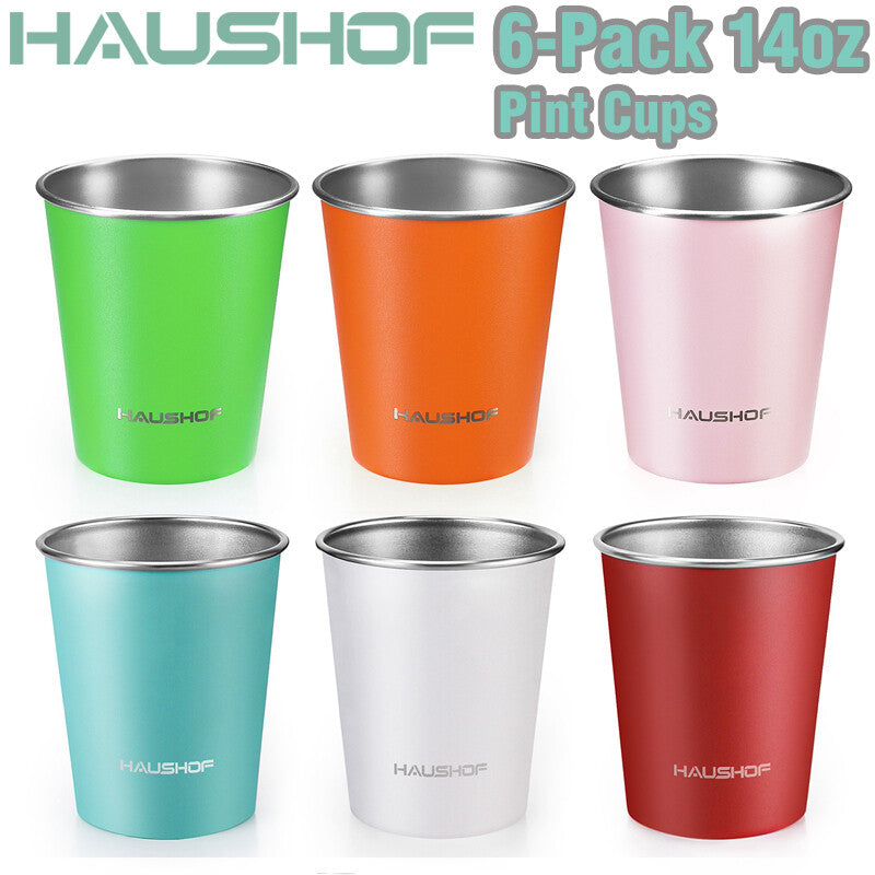 HAUSHOF Pint Cup 14 oz Stainless Steel Cups Stackable Metal Drinking Cups 6 Pack
