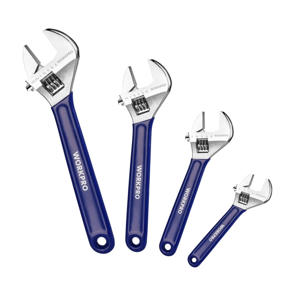 WORKPRO 4PC 6" 8" 10" 12" Adjustable Wrench Set Heavy-Duty Wide Jaw Metric &amp; SAE