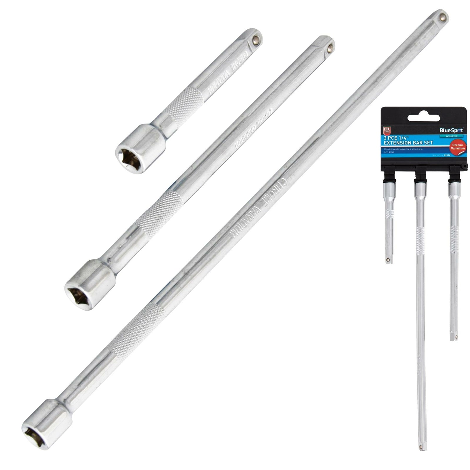 BlueSpot 3pc 1/4" Drive Socket Extension Bar Set 75mm 150mm 250mm Long ReachOpen