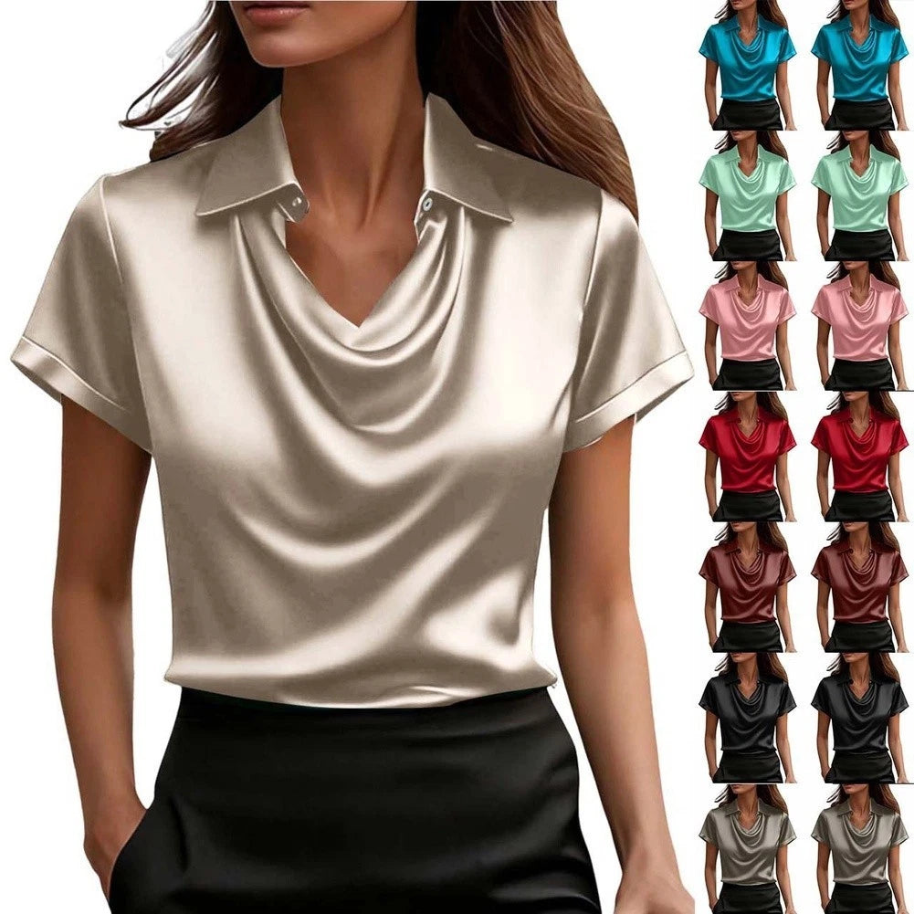Solid Color Women's Short Sleeve Lapel Shirt Simulated Silk Summer