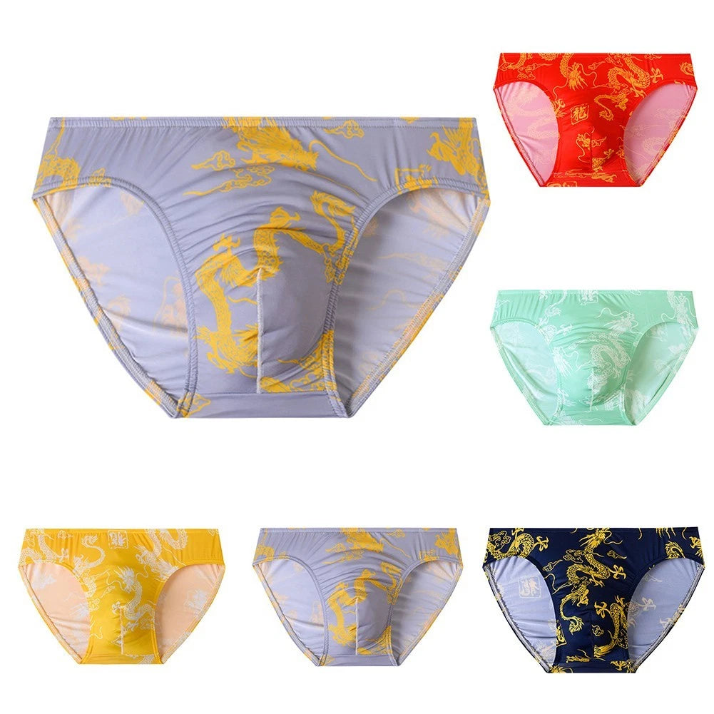 Dragon Pattern Mens Thin Cool Icesilk Breathable Silky Briefs