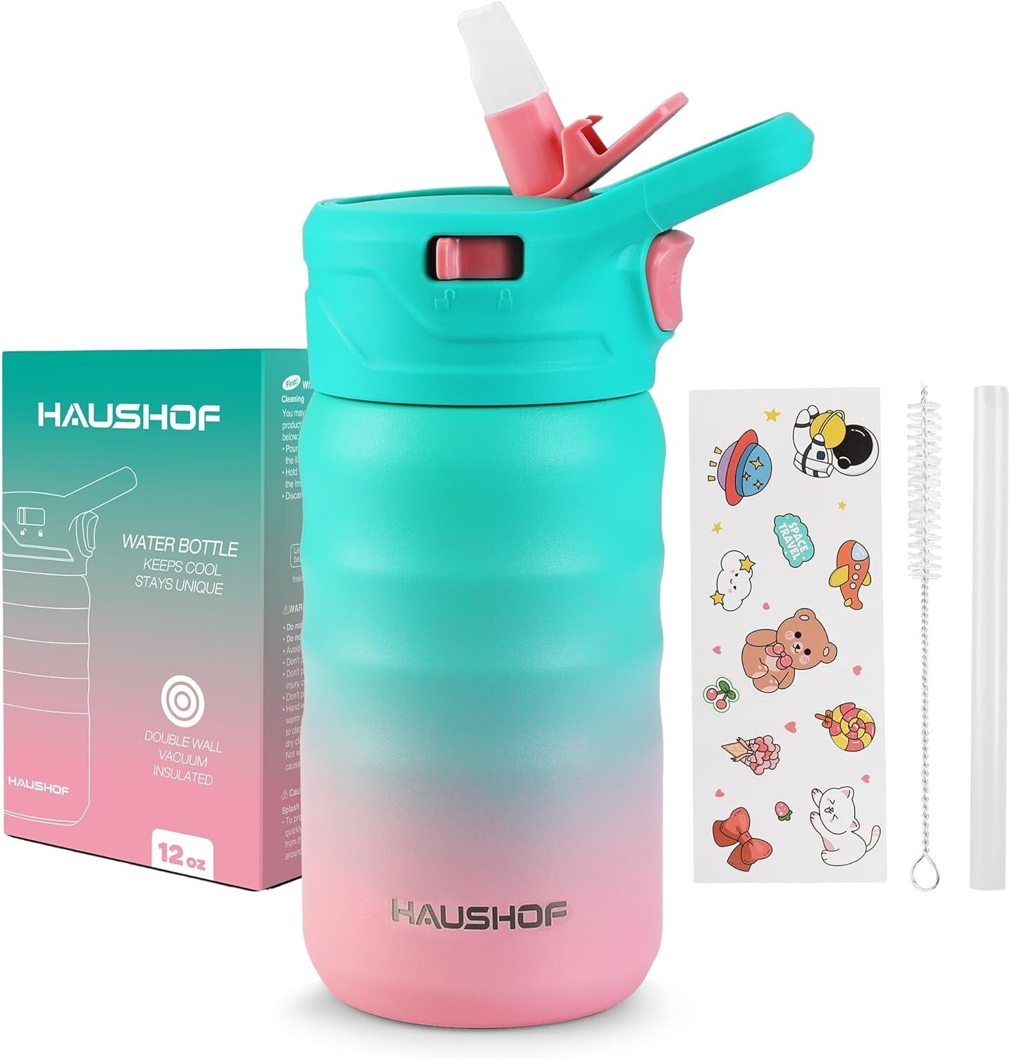 HAUSHOF Kids Water Bottle 12 oz BPA-free with Straw and Stickers Leak Proof