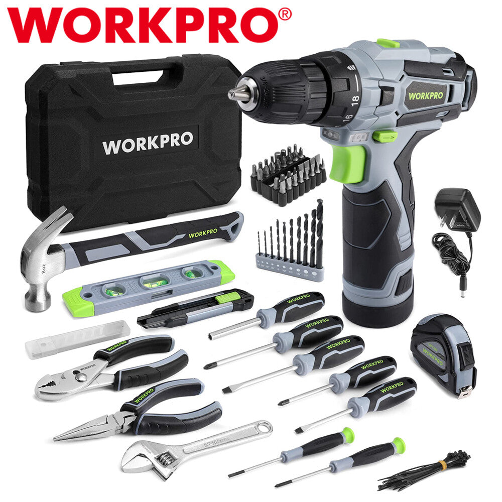 WORKPRO 108PCS Home Tool Kit 12V Screwdriver Power Drill