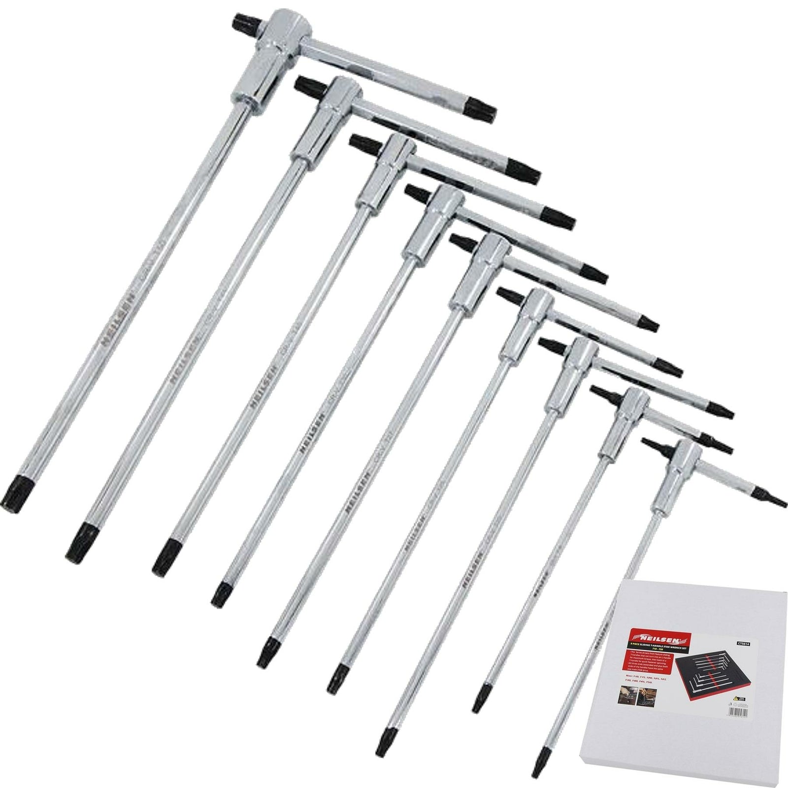 Neilsen 9pcs Long Sliding T-handle Allen Torx Key Wrench Set T10-T50 T HandleOpe