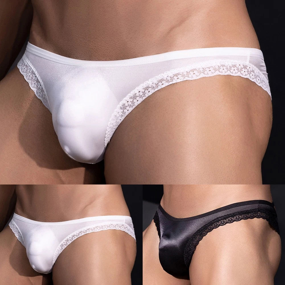 Mens Elastic Pouch Underwear Sheer See Through Oil Glossy Low Waist