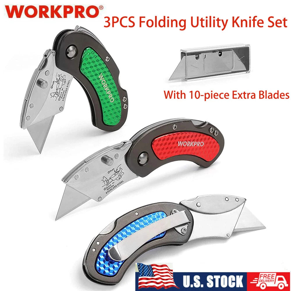 WORKPRO 3PC Folding Utility Knife Set Quick Change/Back-lo<wbr/>ck w/10PC Extra Blades