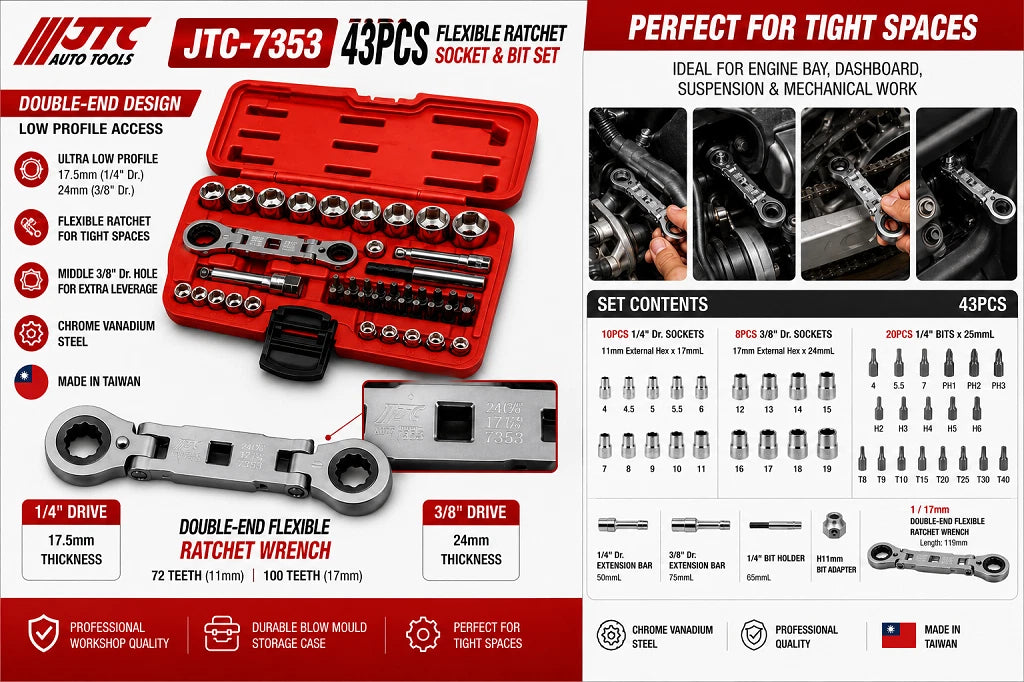 Jtc-7353 11mm/17mm Double-end Flexible Ratchet Wrench Ultra-short