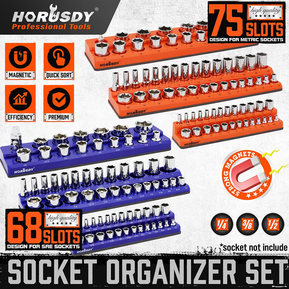 6PC Magnetic Socket Organizer Storage Holder Set 1/4 3/8 1/2 Metric