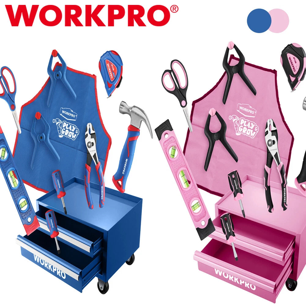 WORKPRO Beginner Tool Set 12" Steel Tool Box 10PC Starter Tool Box Set Pink/Blue