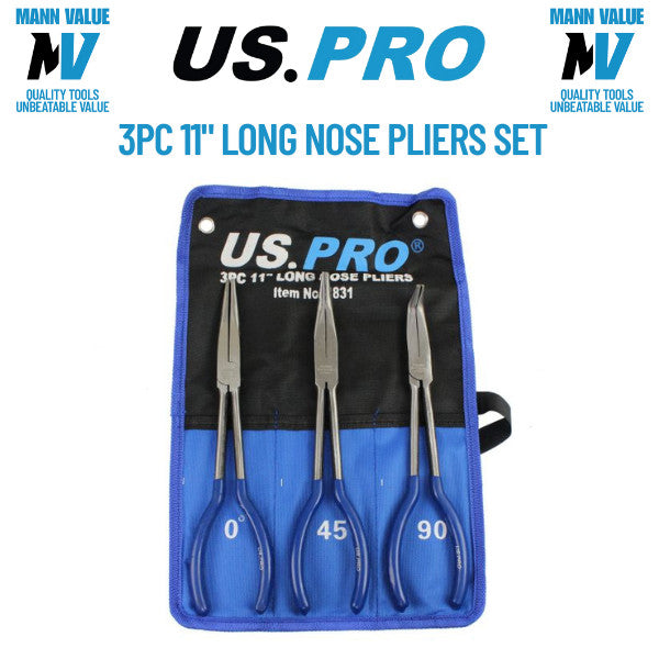 US Pro Tools 3pc 11'' (275mm) Long Reach Nose Pliers, Plier Set New 18