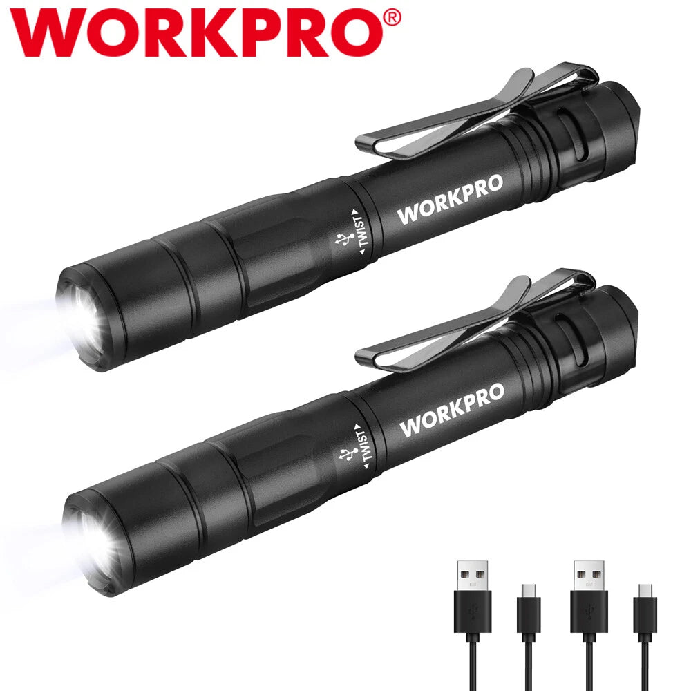 WORKPRO 2Pack Rechargeable Pen Light Handheld Pocket Flashlight 4 Lighting Modes