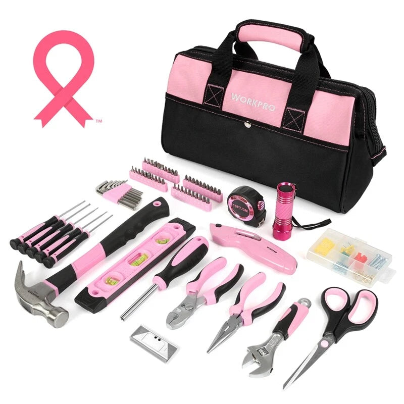 Workpro Pink Tool Kit Home Repairing Tool Set Wide Mouth Open Storage