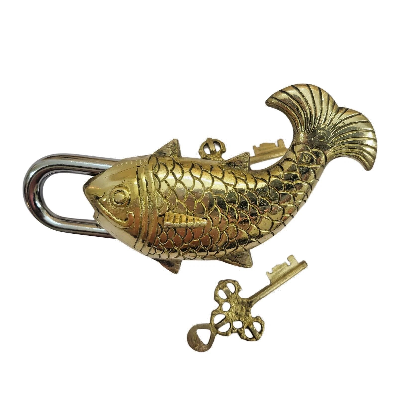 Antique Padlock Brass Hand Crafted Working Decorative Big Fish Shape