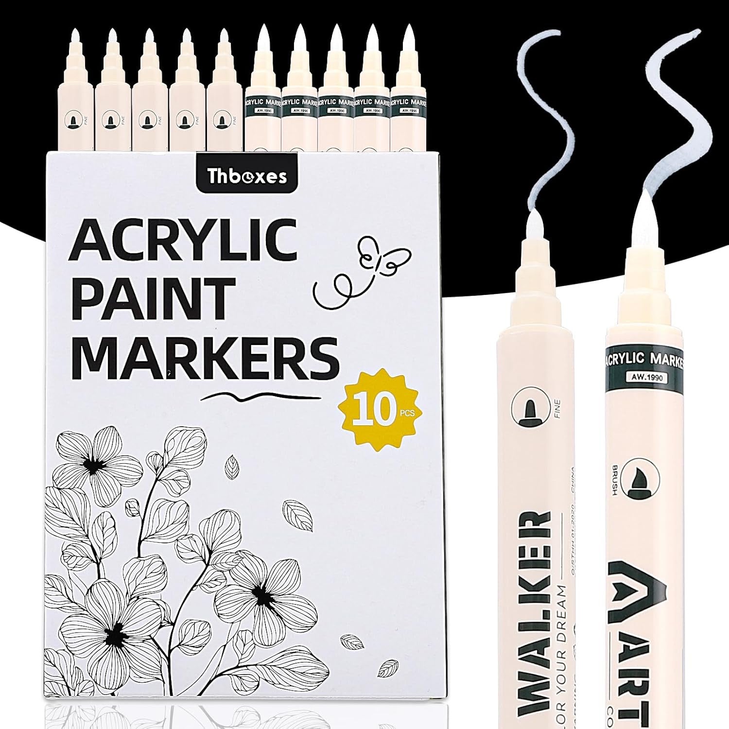 White Paint Markers, Dual-Tip Acrylic Paint Pen Fine Tip and Brush Tip