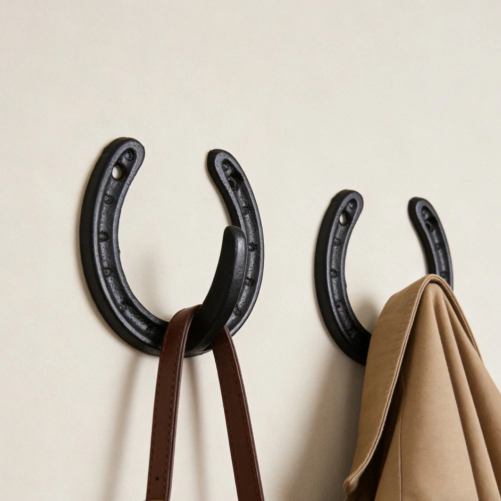 Black Horseshoe Wall Hook Cast Iron Rustic Decor For Entryway