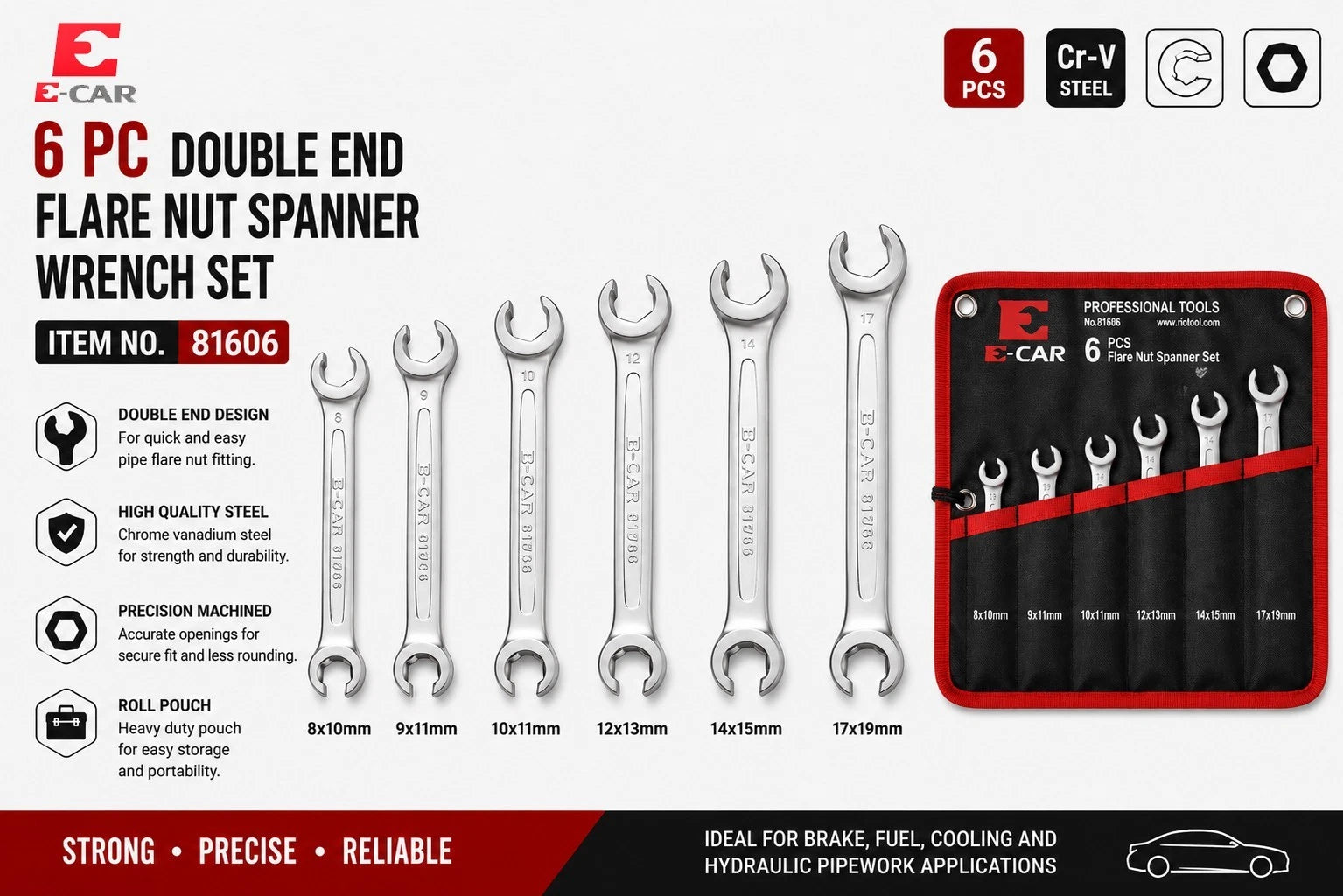 E-car Taiwan Double End Flare Nut Spanner Wrench Set Brake Fuel Line