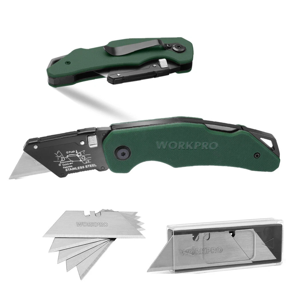 WORKPRO Folding Utility Knife Box Cutter Quick Change Blade G10 Handle 10 Blades