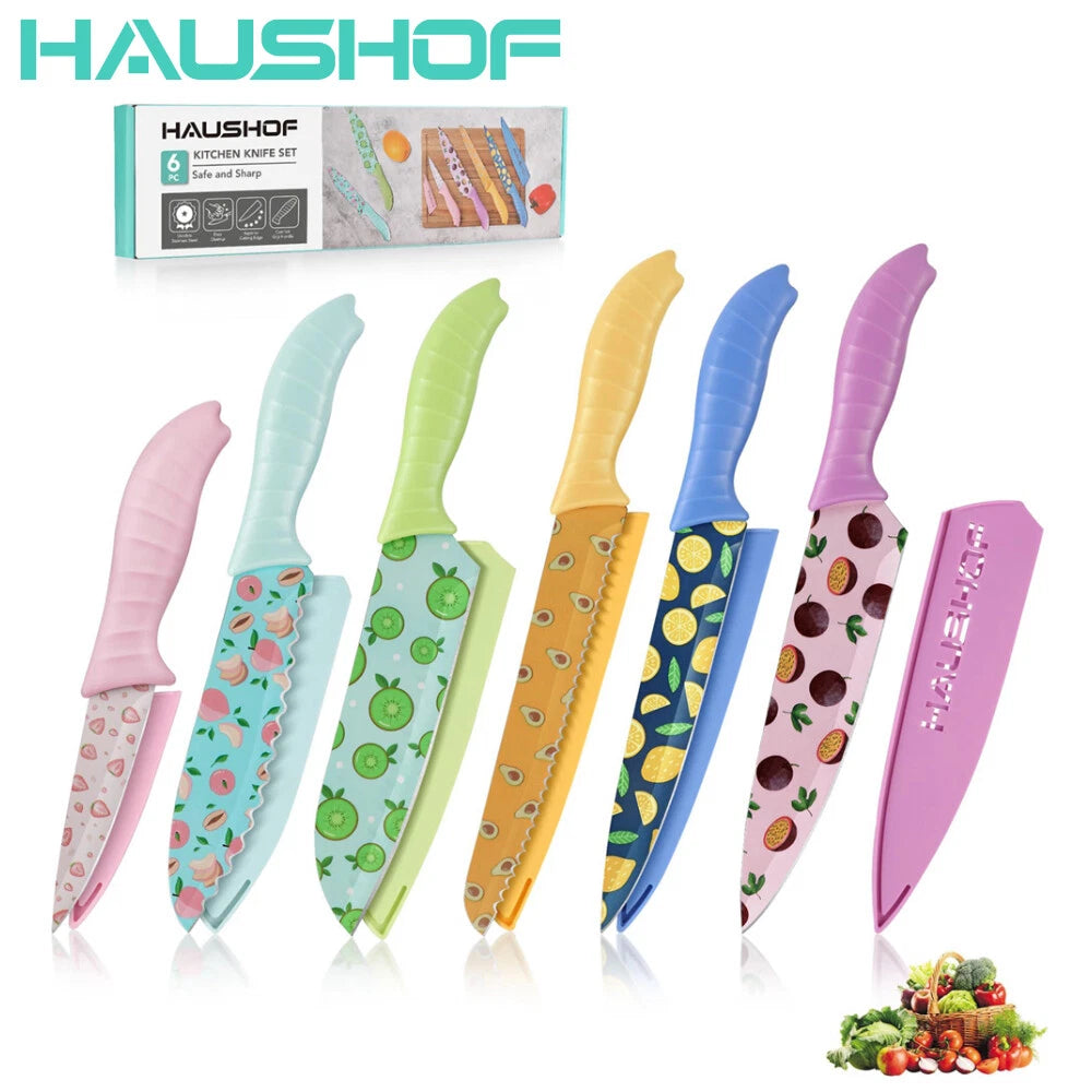 HAUSHOF 6PCS Kitchen Knife Set Stainless Steel Blades Non-Stick Coated w/Sheaths