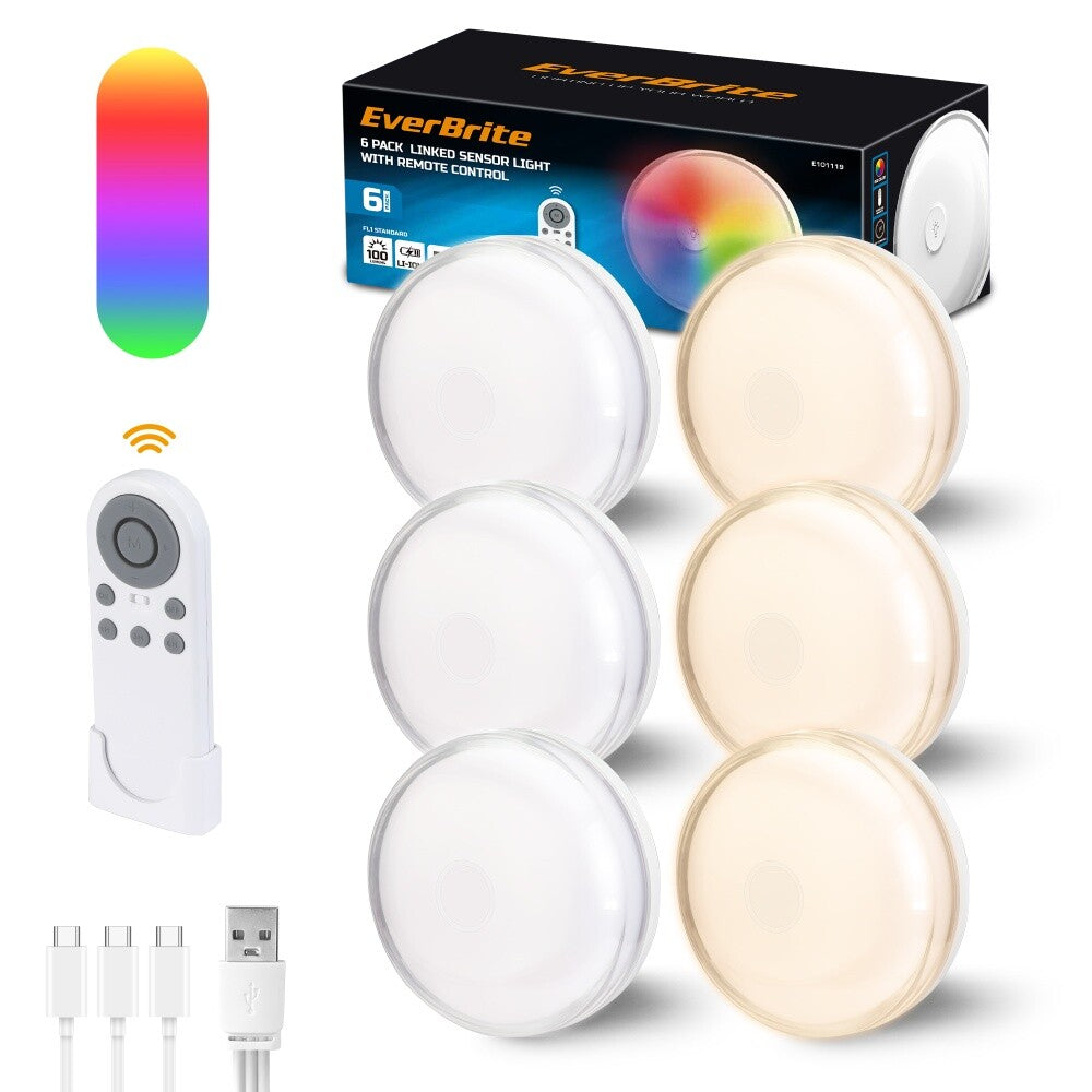 EverBrite 6PC Rechargeable Puck Light Sensor Under Cabinet Wireless