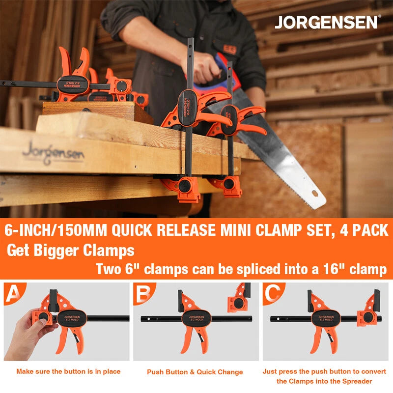 Jorgensen 6" Spreader/Bar Clamp Set 4 Pack One-Hand Light Duty E-Z Hold Clamp US