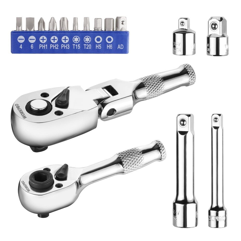 WORKPRO 16PC Flex Head Stubby Ratchet Bit Driver Set 1/4-Inch 3/8-Inch