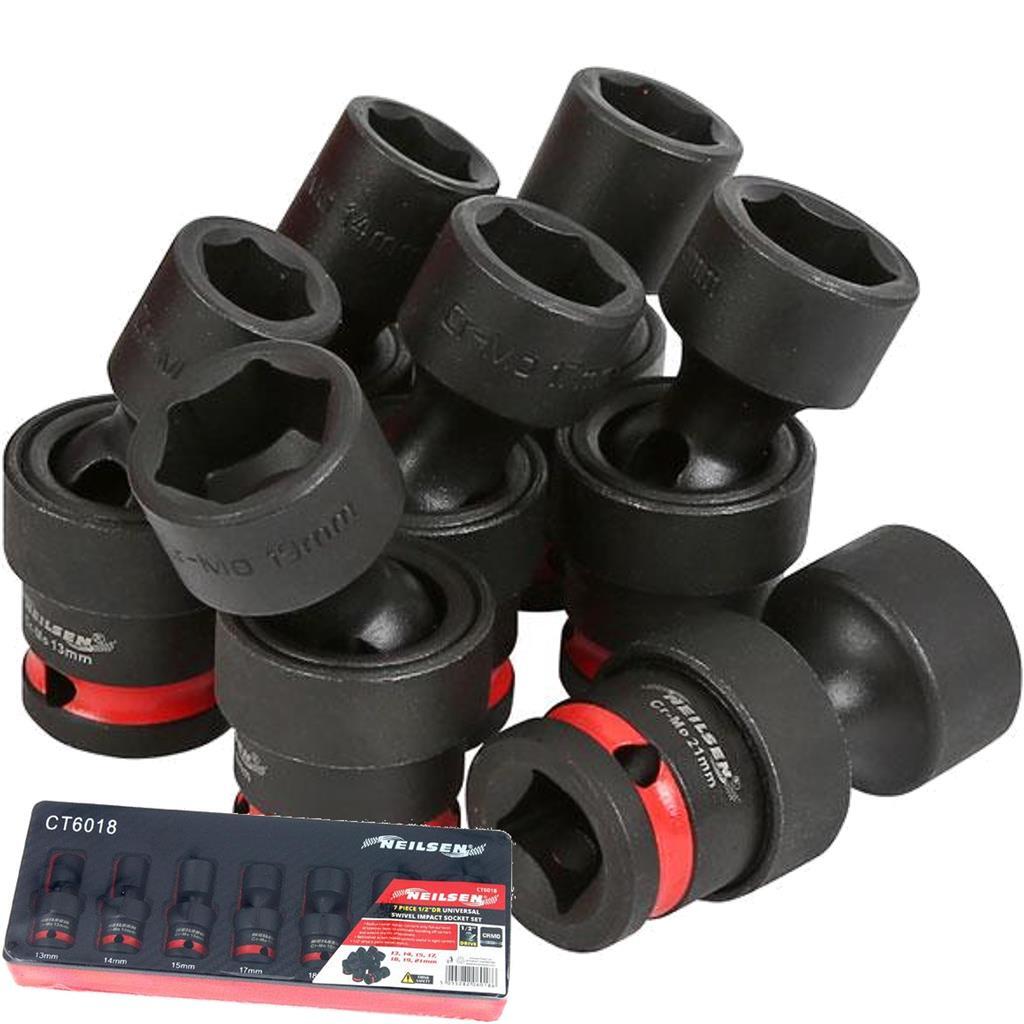 Neilsen Universal Swivel Impact Bit UJ Driver Socket Set 1/2" 13mm - 21mm 7pcOpe