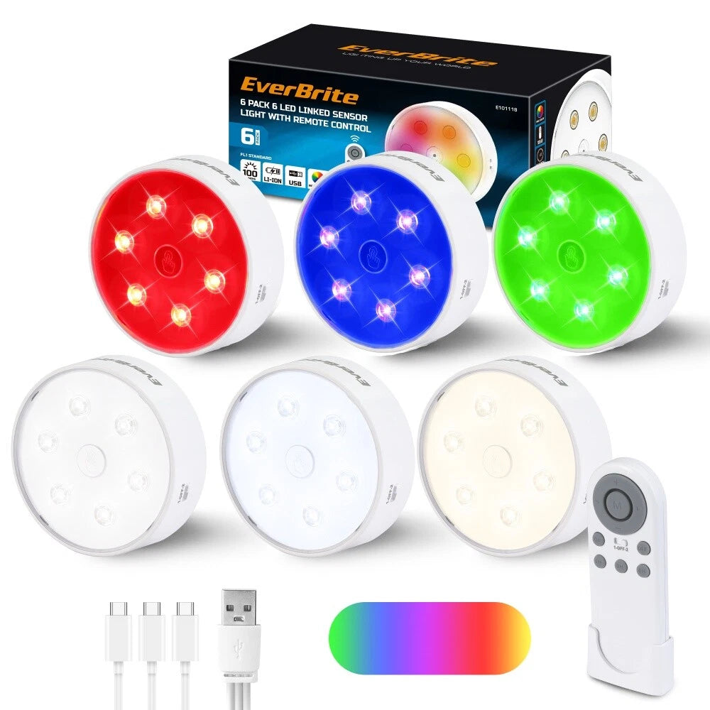 Everbrite 6pack Puck Lights Sensor Under Cabinet Light 10 Rgb Color