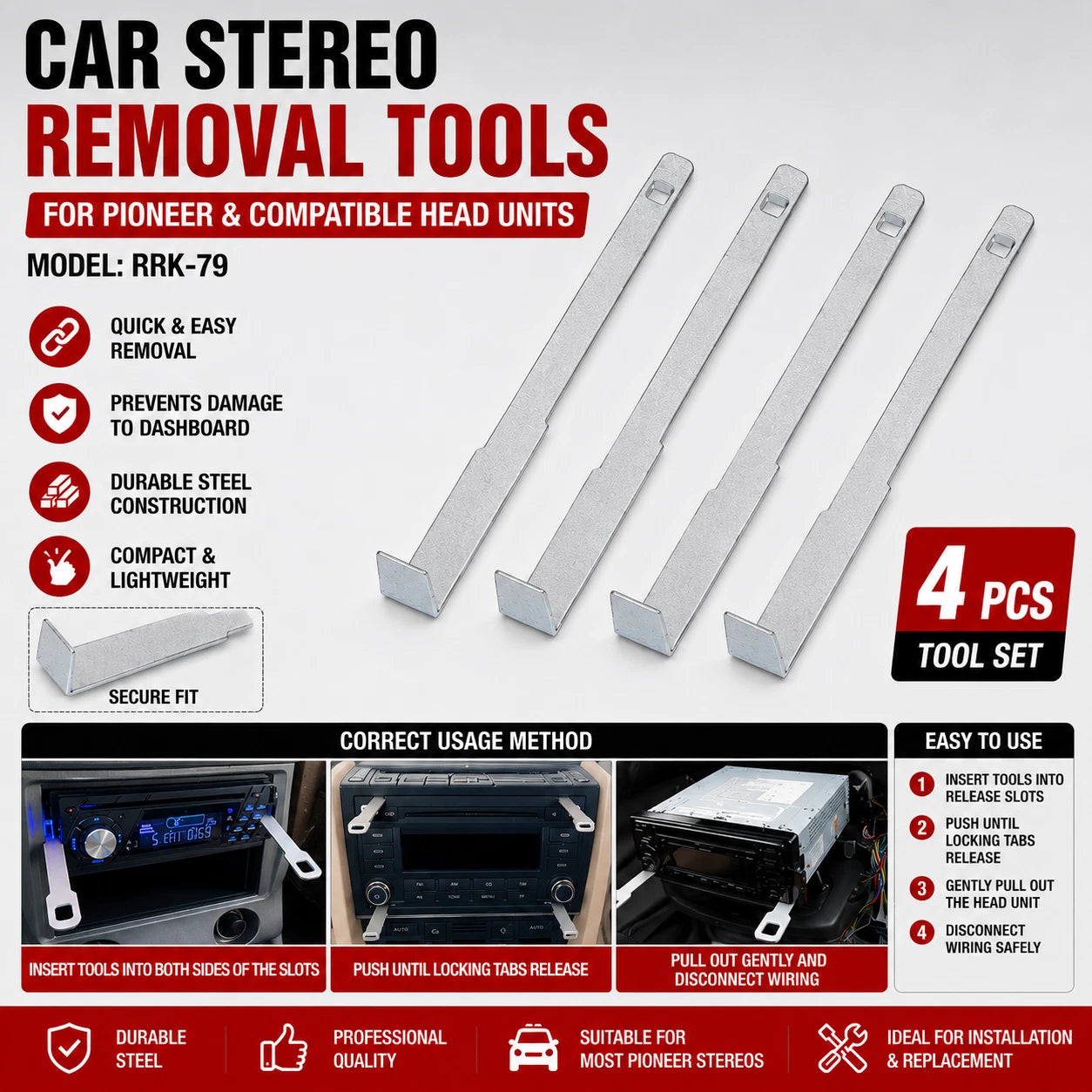 4pc Car Stereo Radio CD Removal Tool Keys Pair For Pioneer Head Unit Removal