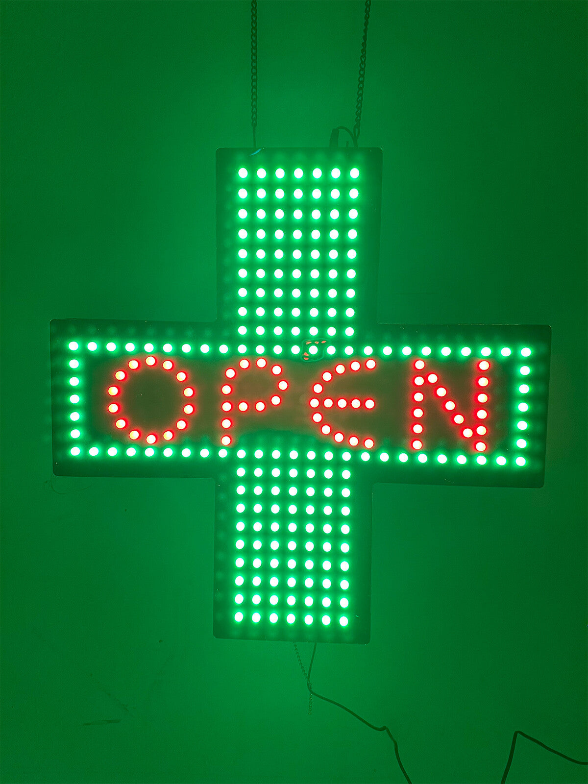 19" x19" Pharmacy Dispensary Window Display LED OPEN Sign Green Medical Cross