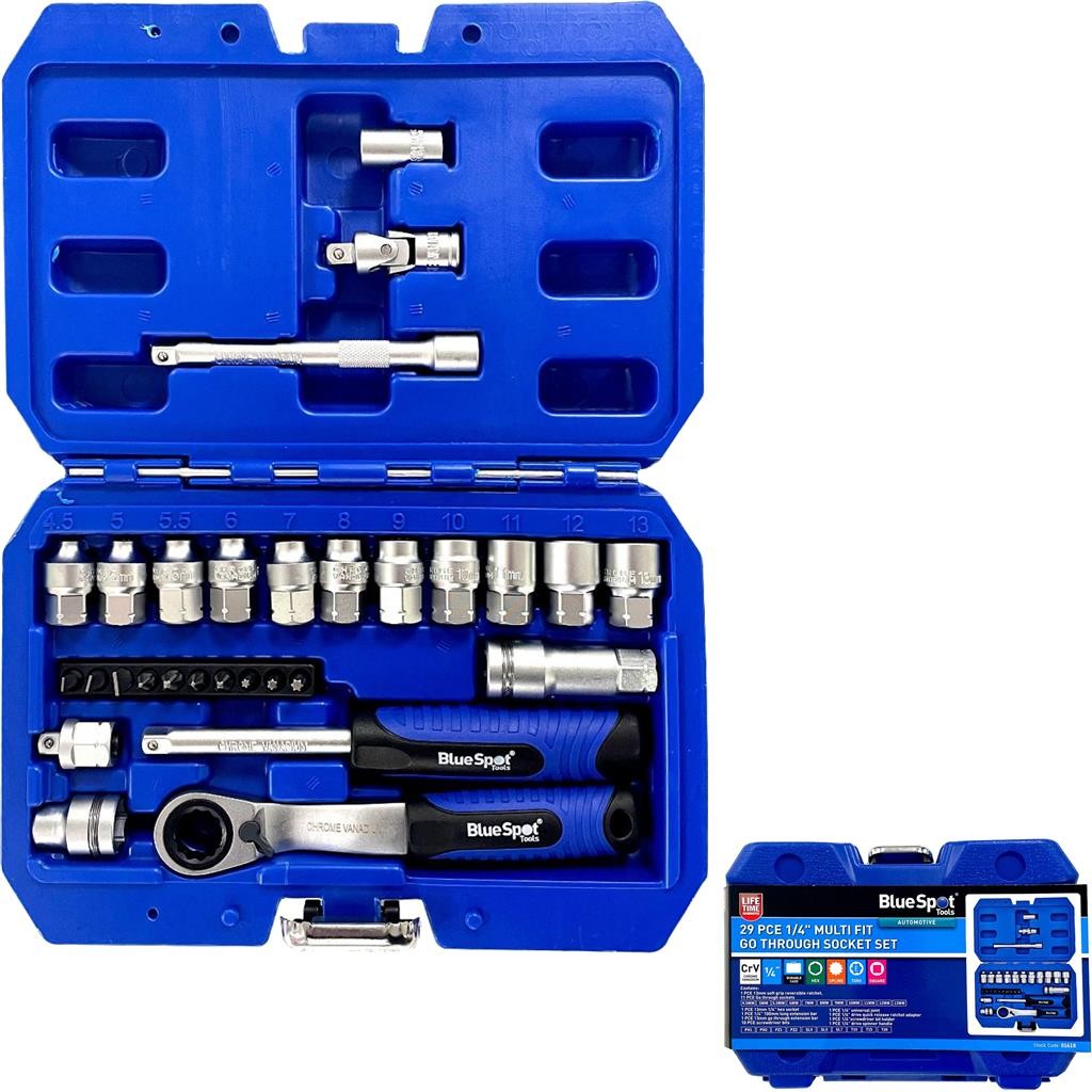 BlueSpot 29pc Drive Go Thru Socket Set Multi Fit 4.5-13mm Metric 1/4" Tool KitOp