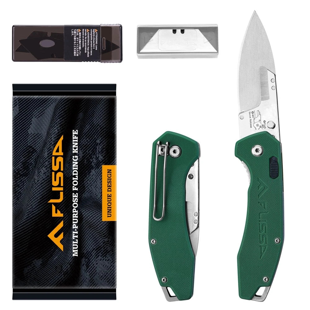 FLISSA 3-IN-1 Folding Utility Knife Gut Hook Quick Change 16PC Blades Drop Point