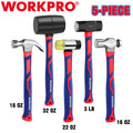 WORKPRO 5PC Hammer Set Forged & Polished Steel Head Fiberglass Handle