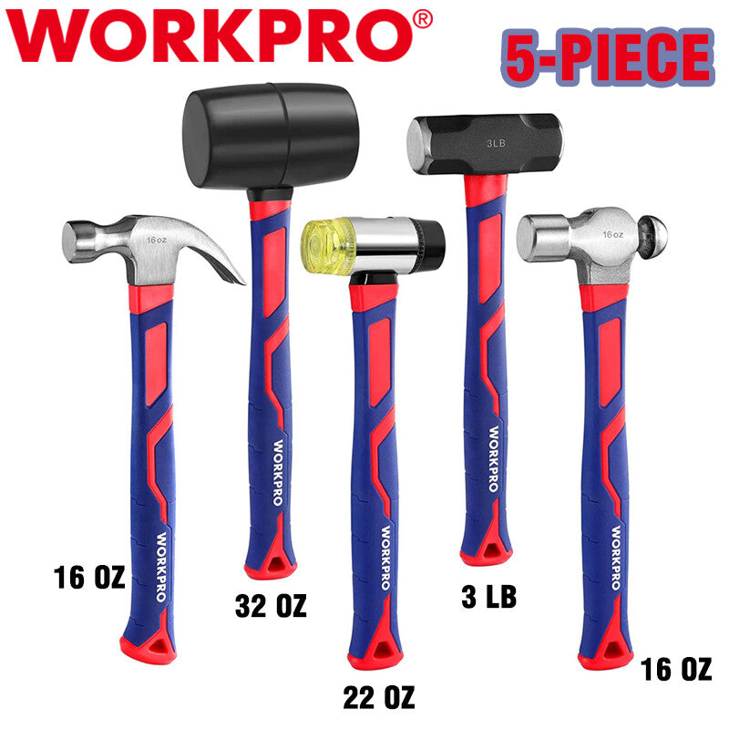 WORKPRO 5PC Hammer Set Forged & Polished Steel Head Fiberglass Handle