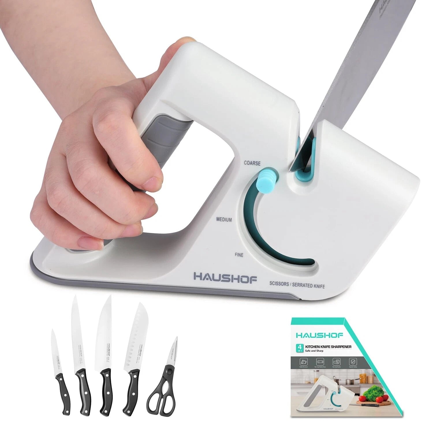 HAUSHOF 4-in-1 Kitchen Knife Sharpener Premium 4-Stage Kitchen Gadgets Sharpener