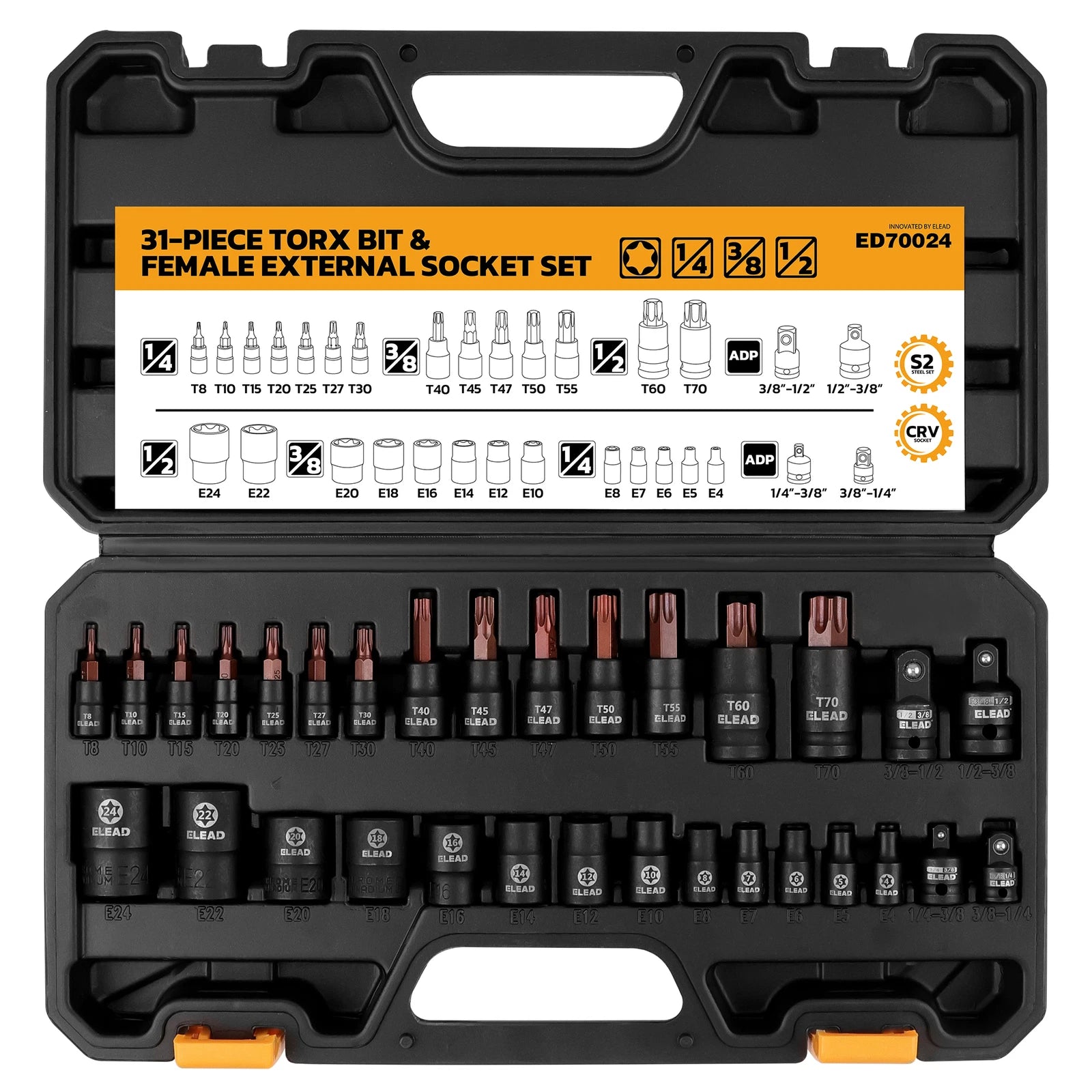 31PC Torx Bit Socket Set T8-T70 &amp; E-Torx E4-E24 S2 Alloy Steel Star Premium CR-V