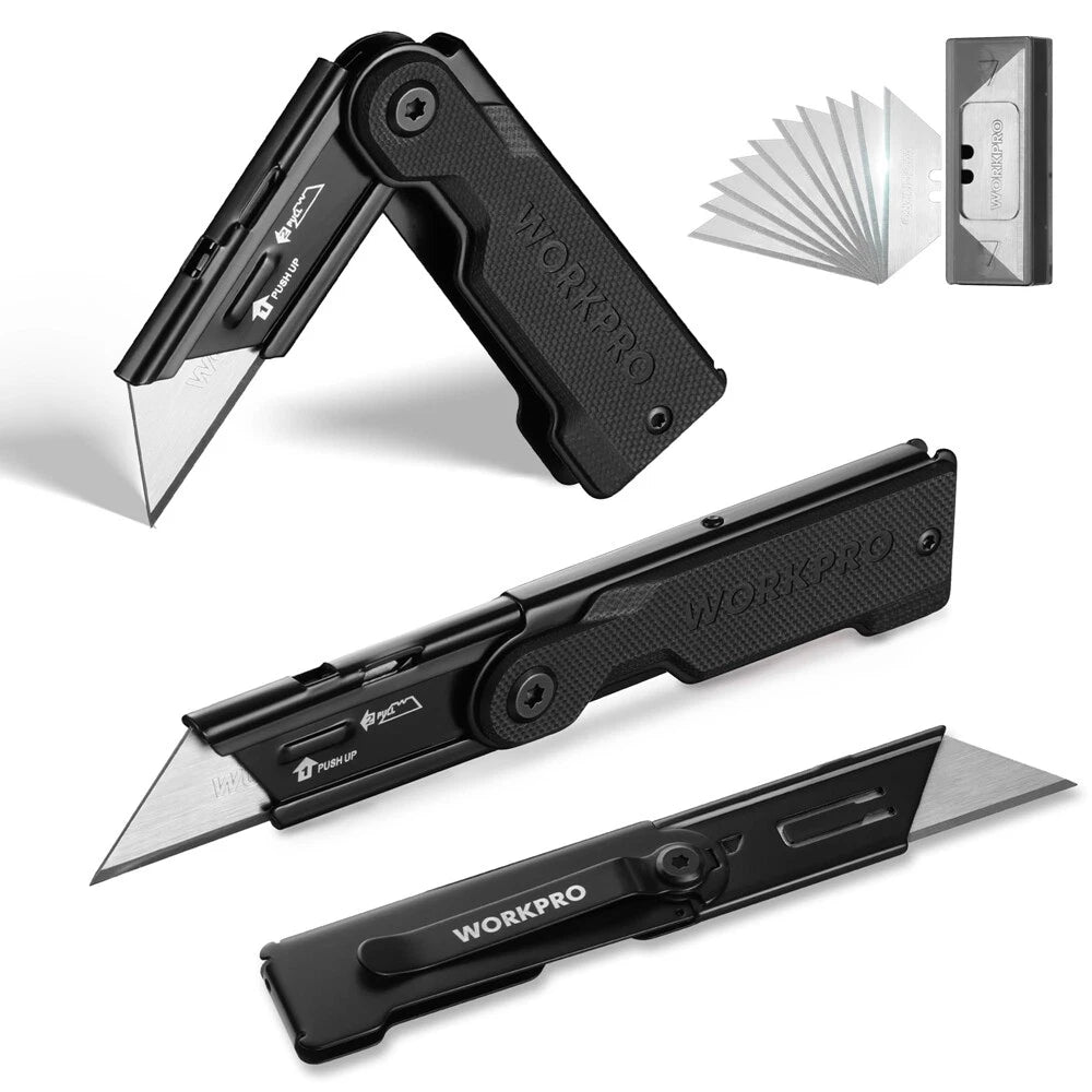Workpro Folding Utility Knife Set G10 Handle Box Cutter 10 Extra Sk5