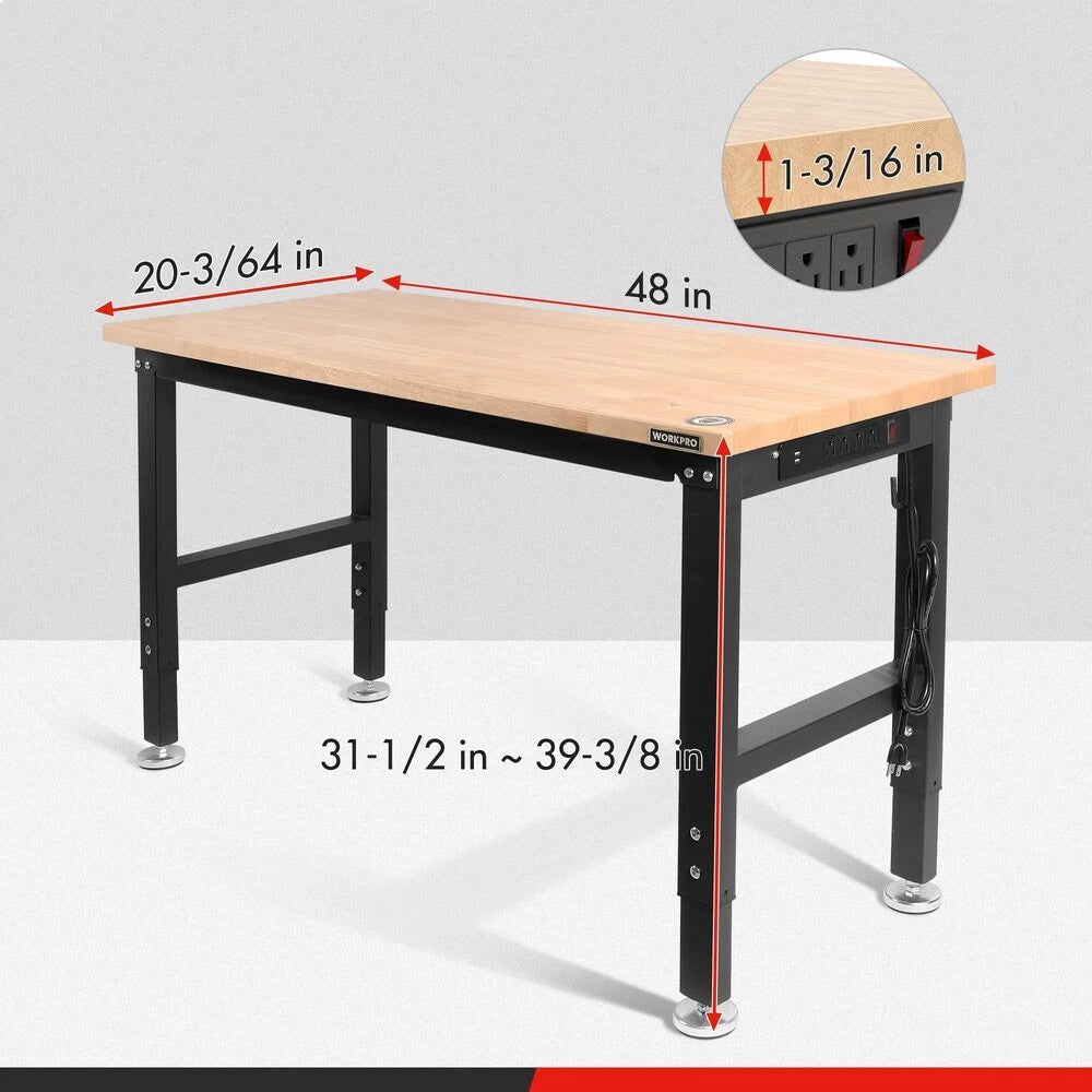 Workpro 48-in Adjustable Workbench Rubber Wood Top Heavy-duty