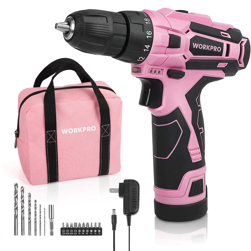 WORKPRO 12V Pink Cordless Drill Driver Set by WORKPRO